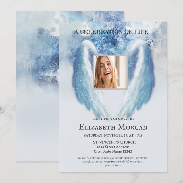 Invitation Angel Wings Photo Blue Célébration De La Vie (Devant / Derrière)