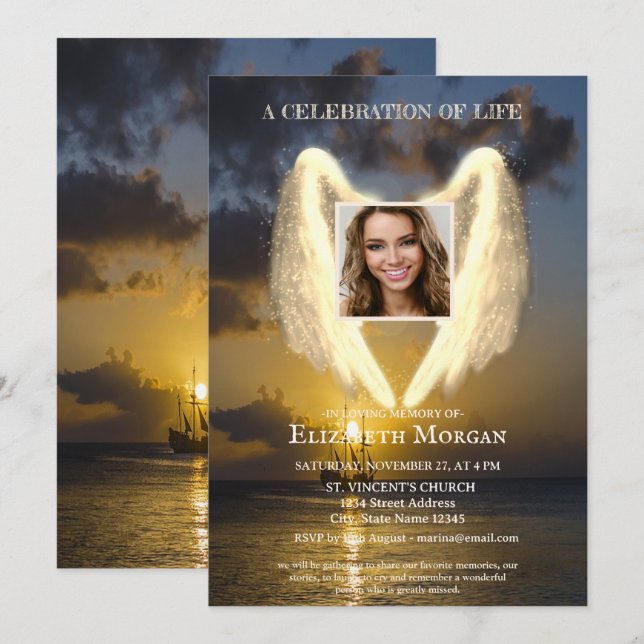 Invitation Angel Wings Voilier Photo Célébration De La Vie (Devant / Derrière)