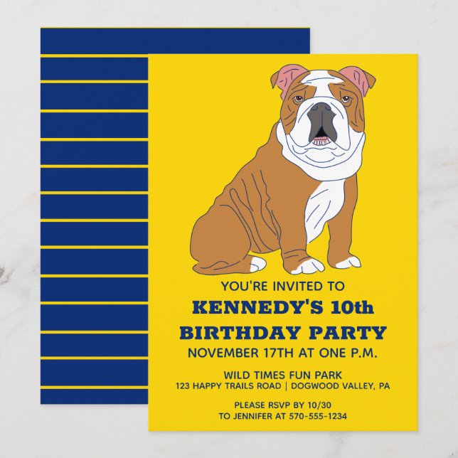 Invitation Anglais Bulldog Illustration personnalisée fête d' (Devant / Derrière)