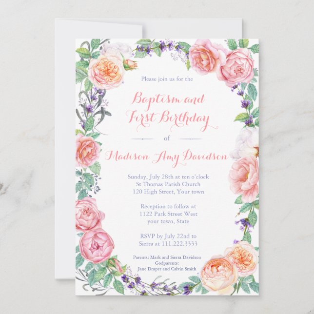 Invitation Anglais Garden Florals Baptême 1er anniversaire fê (Devant)