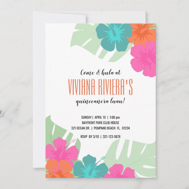 Invitation ANGLAIS quinceañera TROPICAL LUAU floral clair (Devant)