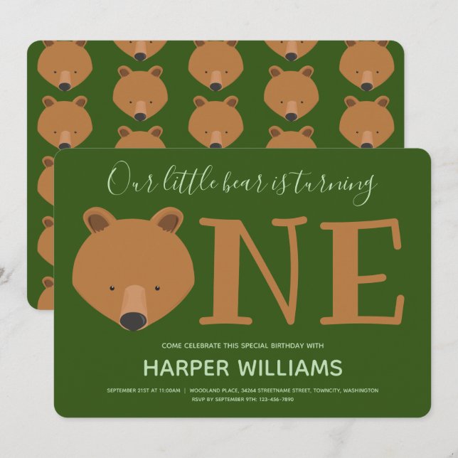 Invitation Animal Bear 1er anniversaire (Devant / Derrière)