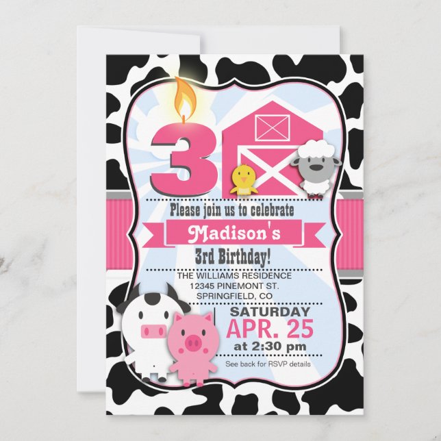 Invitation Animal de ferme rose et noir, Fête d'anniversaire  (Devant)