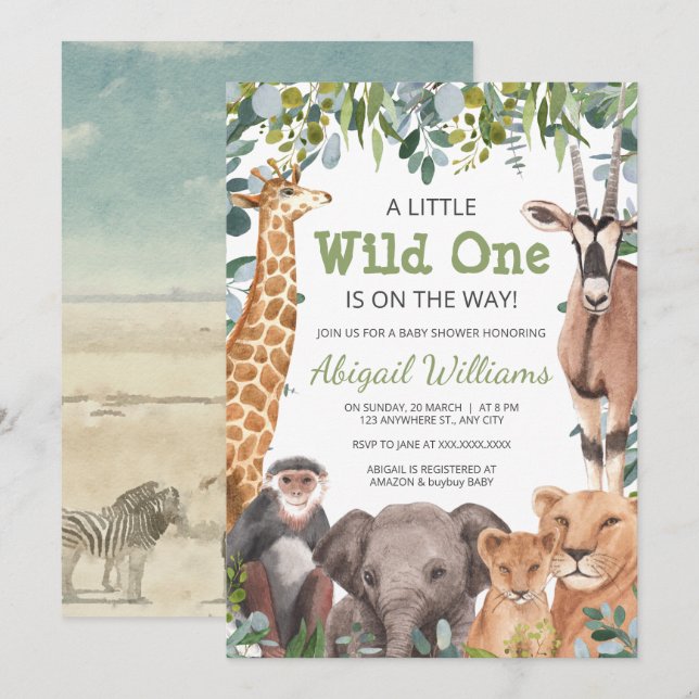 Invitation Animal sauvage Safari - Giraffe, Baby shower éléph (Devant / Derrière)