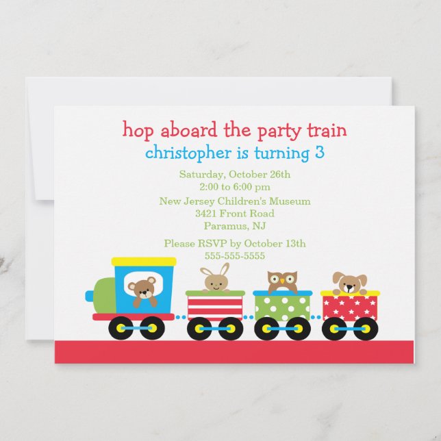 Invitation animale d'anniversaire de train (Devant)