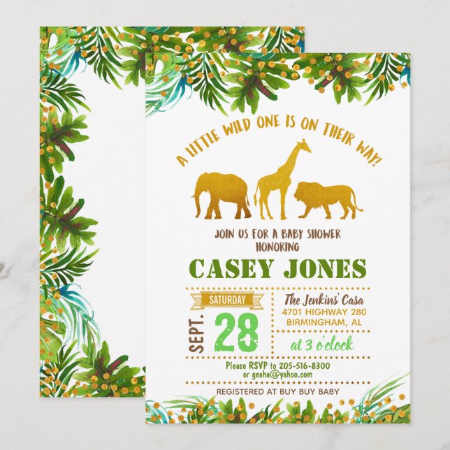 Invitation animale de baby shower de safari d'or (Devant / Derrière)