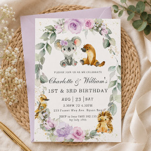 Invitation Animaux Australiens Fleurs Violettes Anniversaire