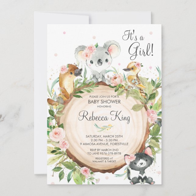 Invitation Animaux australiens Koala Floral Baby shower Girl (Devant)