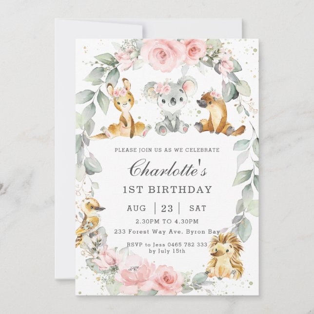 Invitation Animaux australiens Rose Floral Sage fête d'annive (Devant)
