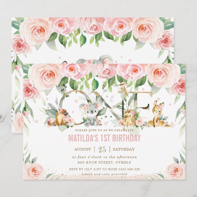 Invitation Animaux australiens rose floral un 1er anniversair (Devant / Derrière)