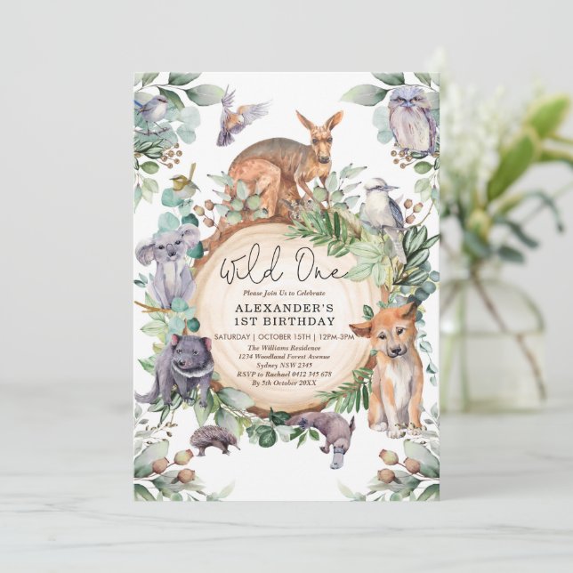 Invitation Animaux australiens Wild One Green 1er anniversair (Debout devant)