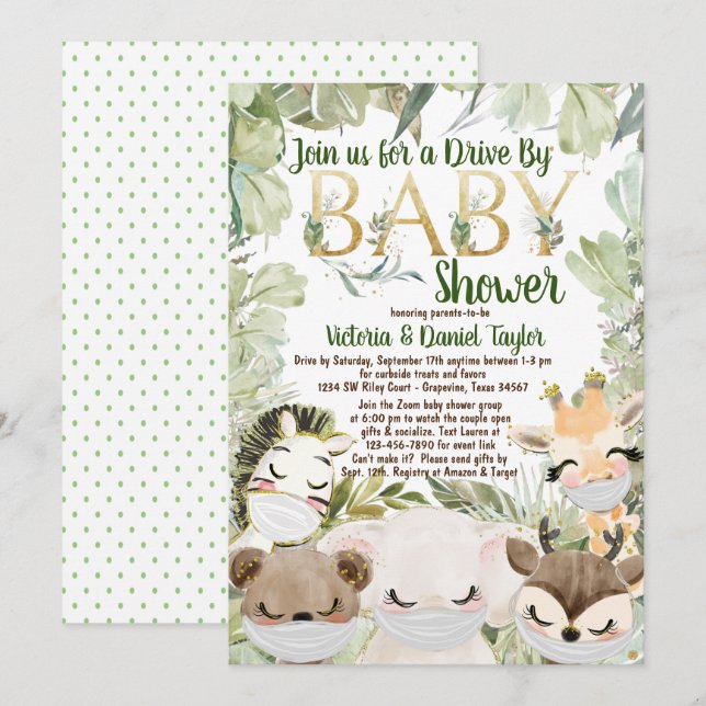 Invitation Animaux Avec Masque Sexe Baby shower Convid Neutre (Devant / Derrière)