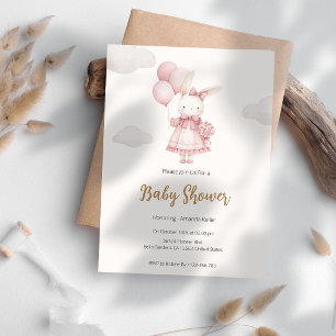 Invitation Animaux Ballons Bunny mignon Baby shower rose