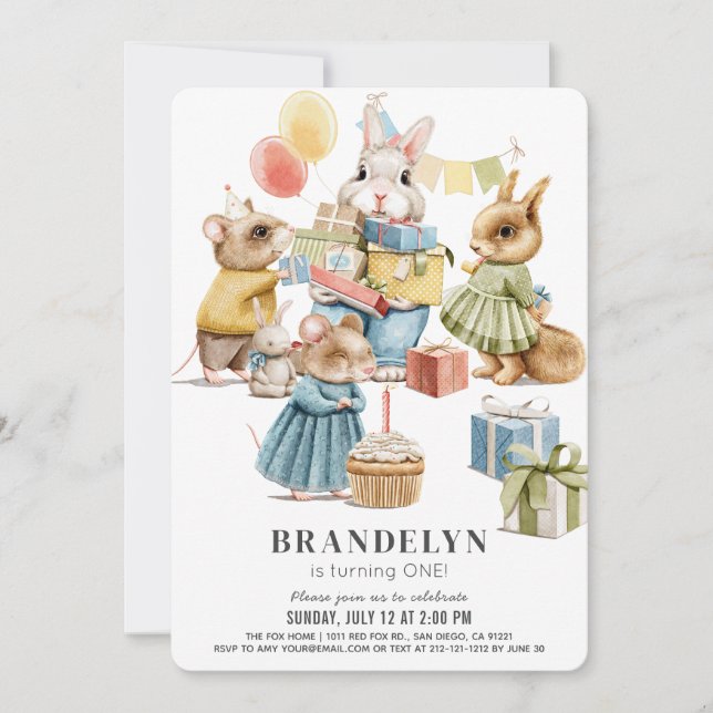 Invitation Animaux bien habillés Fille 1er anniversaire (Devant)