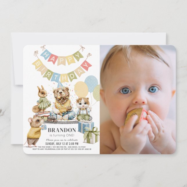 Invitation Animaux bien habillés Porter Garçon Photo 1er Anni (Devant)