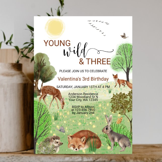 Invitation Animaux boisés modernes Wild & Trois 3e anniversai (Créateur téléchargé)