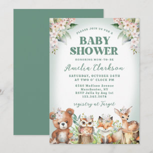 Invitation Animaux boisés Vert doux et Baby shower floral