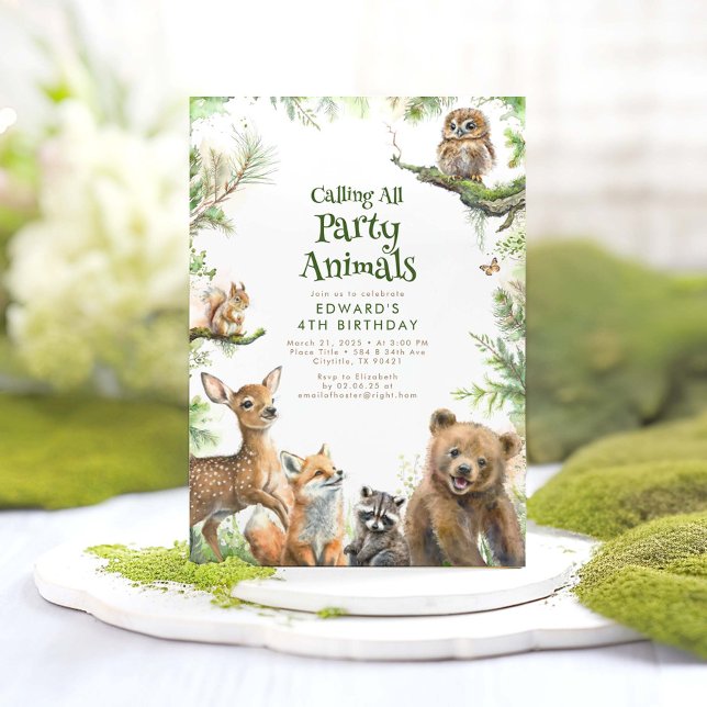 Invitation Animaux de bois et verdure Anniversaire de enfant  (Calling All Party Animals - Cute and Fun Woodland Animals Themed Birthday Invitations)