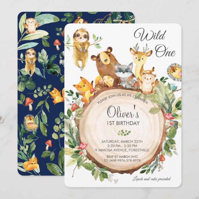 Invitation Animaux de bois mignons 1ère fête d'anniversaire W (Devant / Derrière)