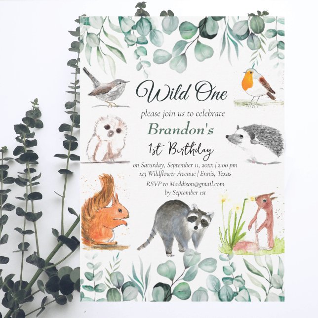 Invitation Animaux de bois mignons Eucalyptus Premier anniver (Créateur téléchargé)