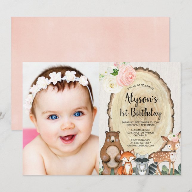 Invitation Animaux de bois rustique floral rose verdure fille (Devant / Derrière)