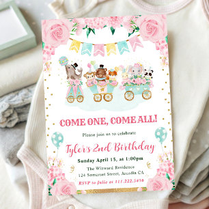 Invitation Animaux de cirque Anniversaire Rose Aquarelle