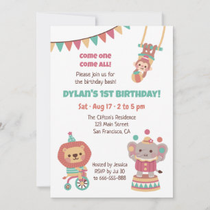 Invitation Animaux de cirque mignons pour fête d'anniversaire