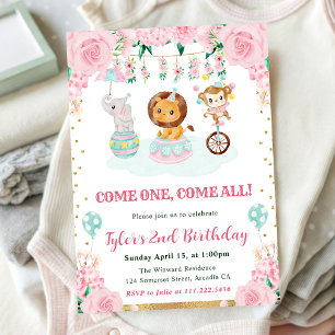 Invitation Animaux de cirque rose aquarelle pour fête d'anniv