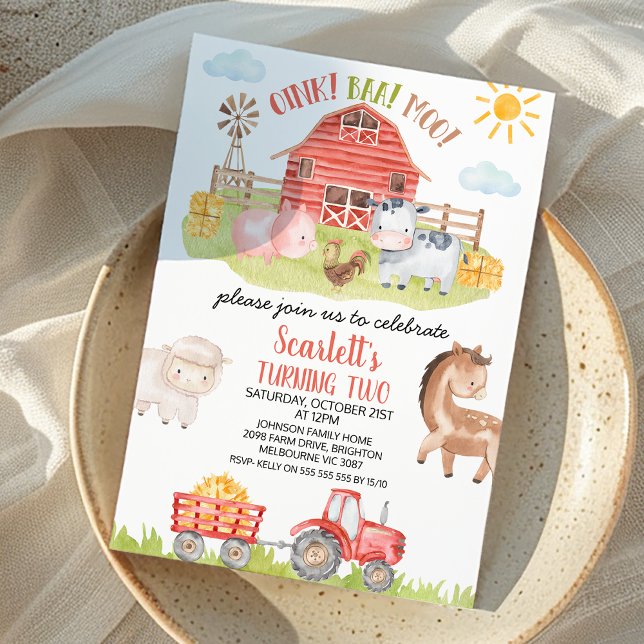 Invitation Animaux de ferme à la grange rouge colorée Invitat (Red Barn Tractor Farm Birthday Invitation, Farm Animals Birthday Invite, Oink Baa Moo Invitation)