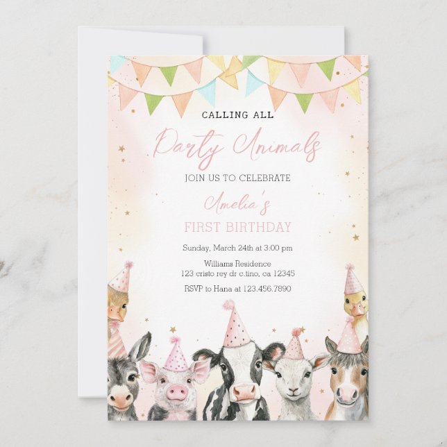 Invitation Animaux de ferme appelant toute la fête 1er annive (Devant)