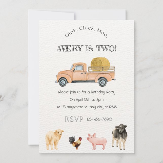 Invitation Animaux de ferme Aquarelle Anniversaire Fête Invit (Devant)