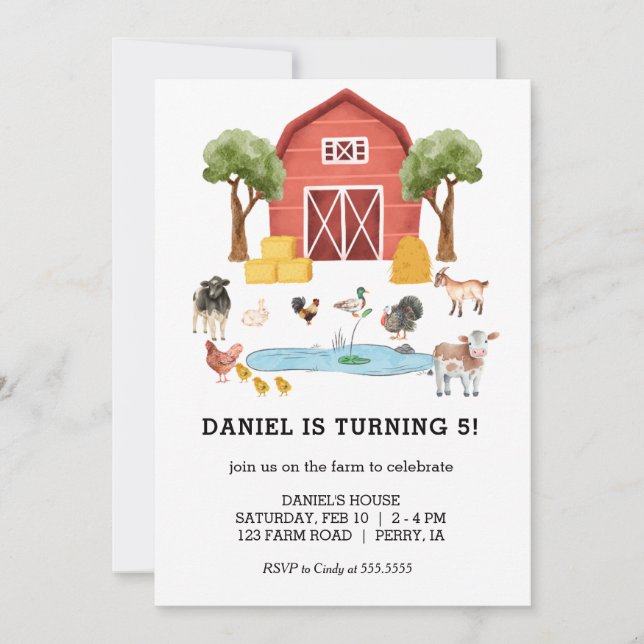 Invitation Animaux de ferme Aquarelle Enfant fête d'anniversa (Devant)