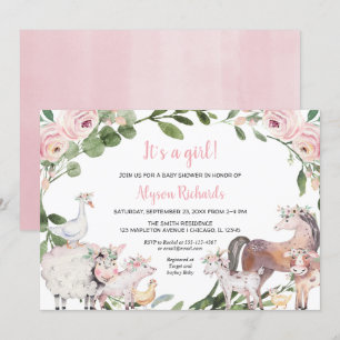 Invitation Animaux de ferme aquarelle florale fille baby show