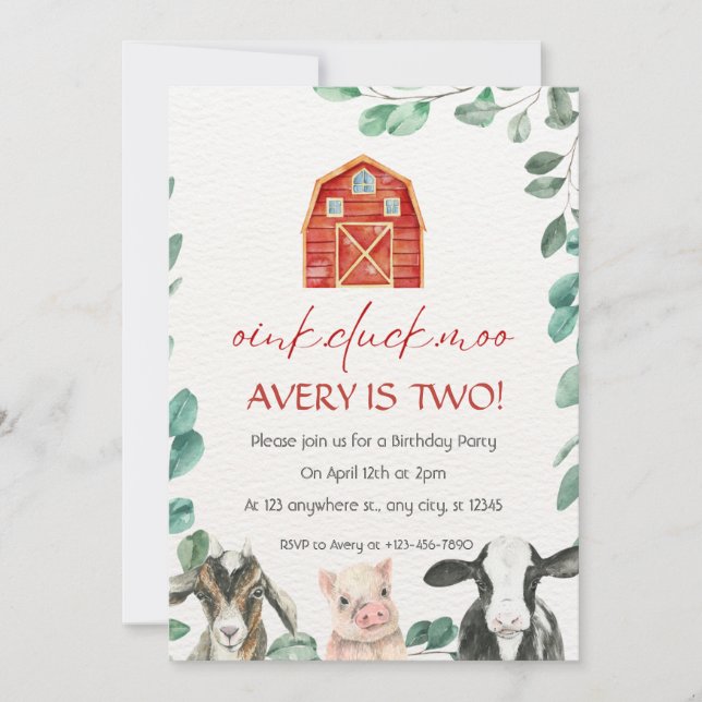 Invitation Animaux de ferme avec verdure fête d'anniversaire (Devant)