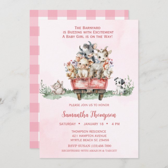 Invitation Animaux de ferme Baby shower de camion rose (Devant / Derrière)