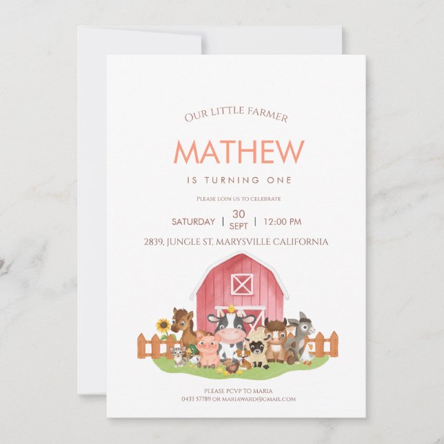 Invitation Animaux de ferme Barnyard 1er 2e anniversaire Invi (Devant)
