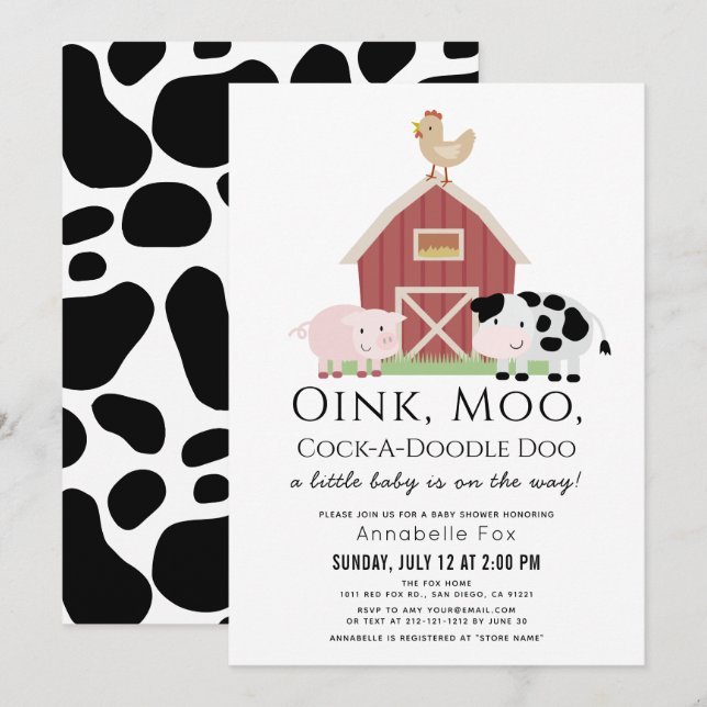 Invitation Animaux de ferme Barnyard Baby shower blanc (Devant / Derrière)