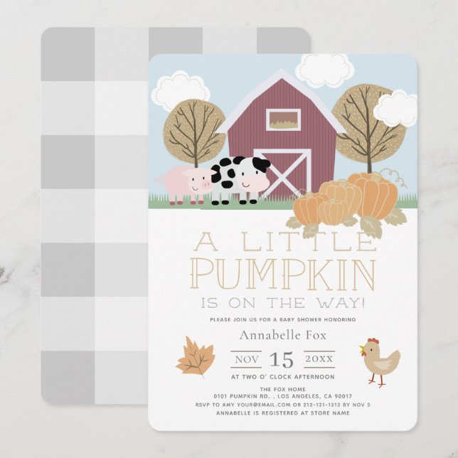 Invitation Animaux de ferme Barnyard Baby shower Citrouille (Devant / Derrière)