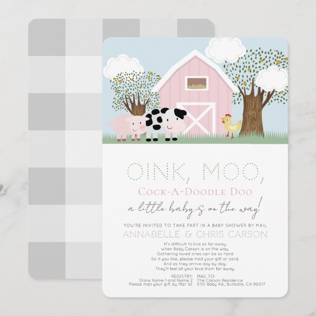 Invitation Animaux de ferme Barnyard Baby shower rose par la  (Devant / Derrière)