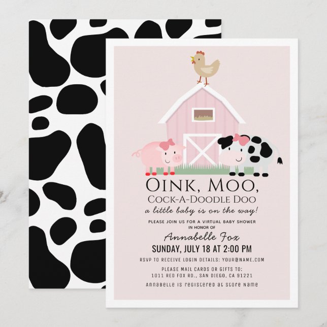 Invitation Animaux de ferme Barnyard Baby shower virtuel rose (Devant / Derrière)