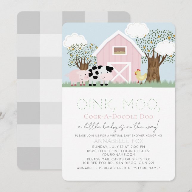 Invitation Animaux de ferme Barnyard Baby shower virtuel rose (Devant / Derrière)