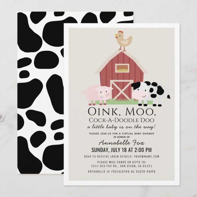 Invitation Animaux de ferme Barnyard Beige Baby shower virtue (Devant / Derrière)