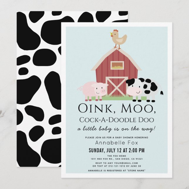 Invitation Animaux de ferme Barnyard Blue Boy Baby shower (Devant / Derrière)