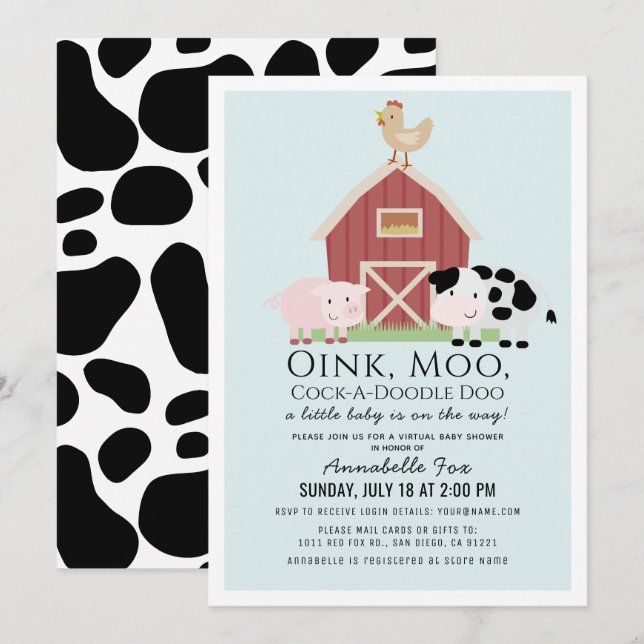 Invitation Animaux de ferme Barnyard Blue Boy Baby shower vir (Devant / Derrière)