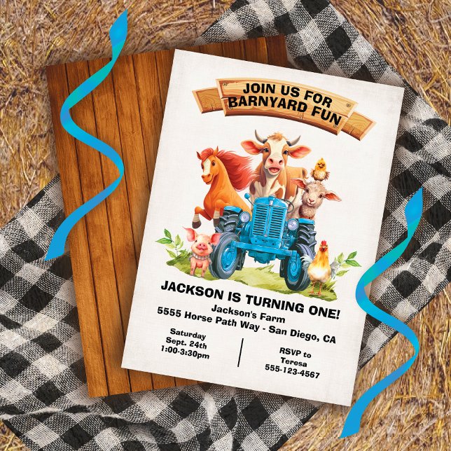 Invitation Animaux de ferme Barnyard Blue Tracteur Anniversai (Créateur téléchargé)