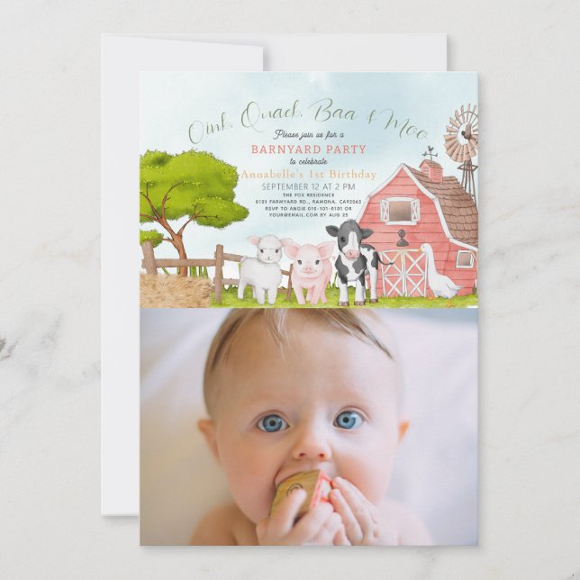 Invitation Animaux de ferme Barnyard Photo 1er anniversaire (Devant)