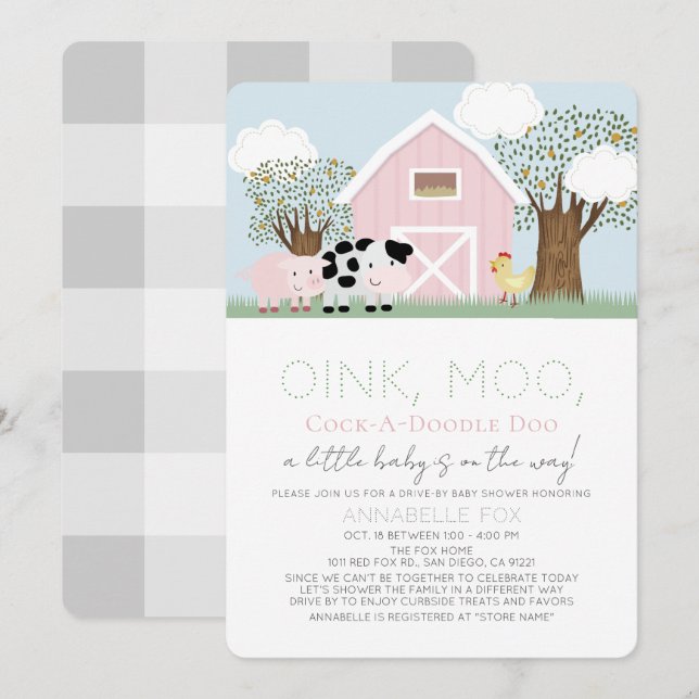 Invitation Animaux de ferme Barnyard Pink Baby shower Drive-b (Devant / Derrière)