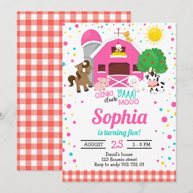 Invitation Animaux de ferme Barnyard Pink Plaid Girl Annivers (Devant / Derrière)