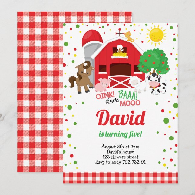 Invitation Animaux de ferme Barnyard Plaid Boy Anniversaire (Devant / Derrière)