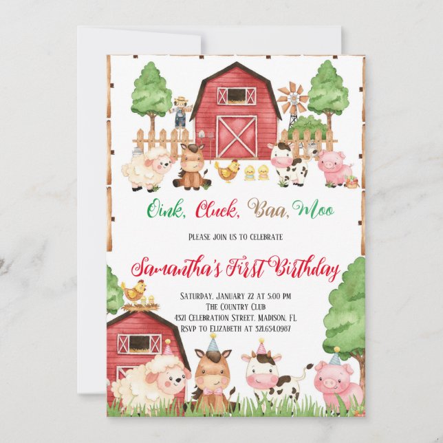 Invitation Animaux de ferme Barnyard Red Boy fête d'anniversa (Devant)